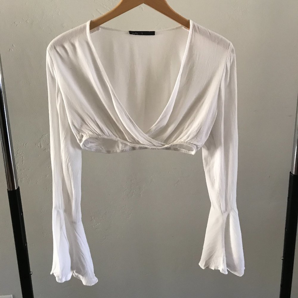 White Crop Top with Flared Sleeves